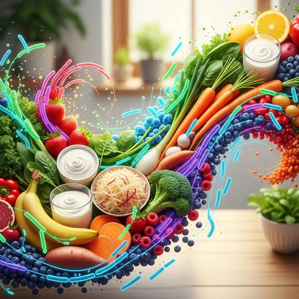 Colorful fruits and vegetables representing a healthy gut microbiome