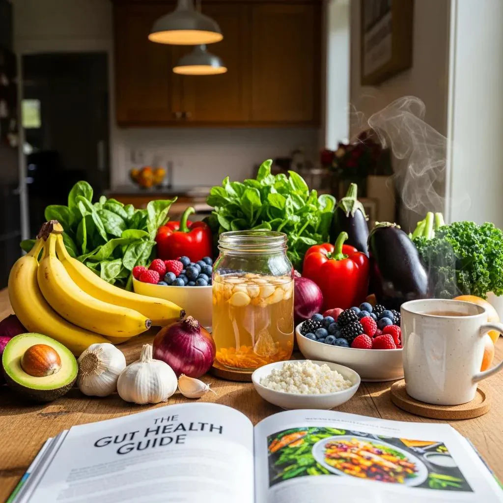 Colorful fruits and vegetables representing gut health and mental well-being