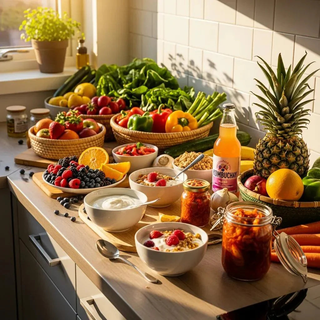 Colorful fruits and vegetables with fermented foods representing gut health and wellness