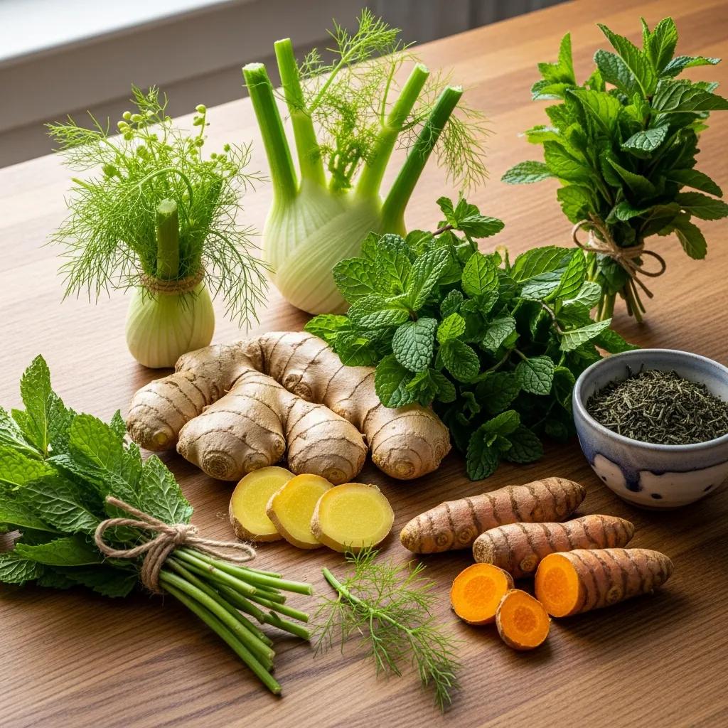 Fresh herbs for digestion including ginger, peppermint, fennel, and turmeric on a wooden table