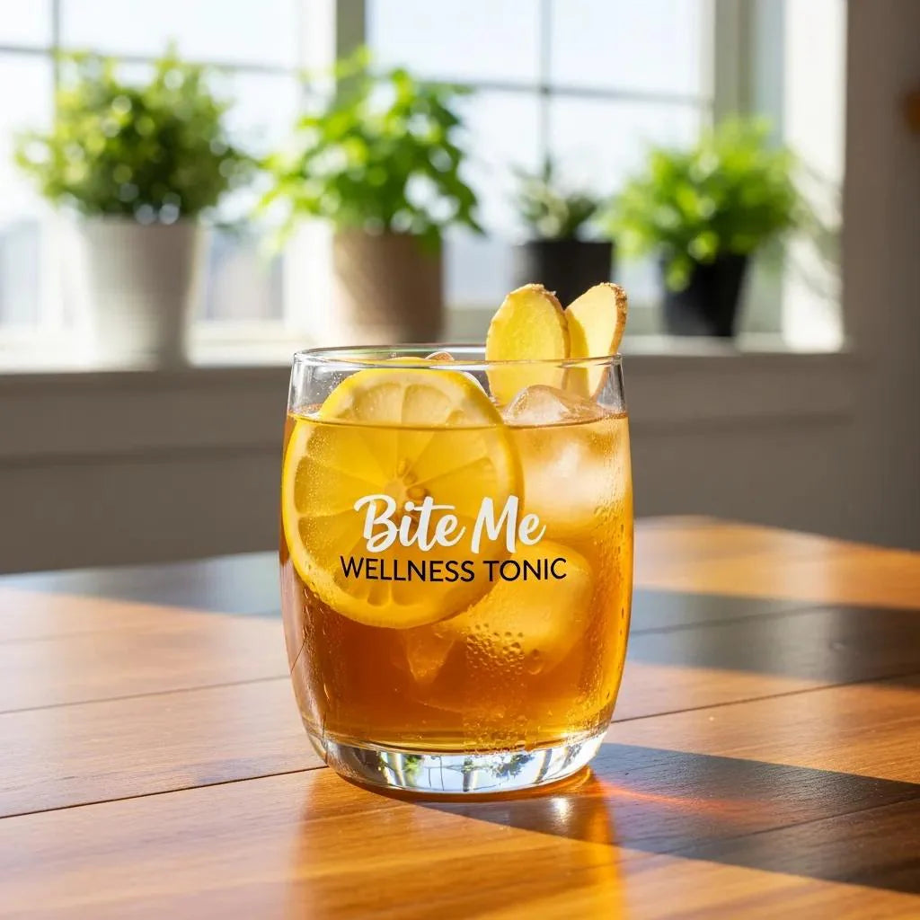 Refreshing glass of Bite Me Wellness Tonic with lemon and ginger in a bright kitchen setting