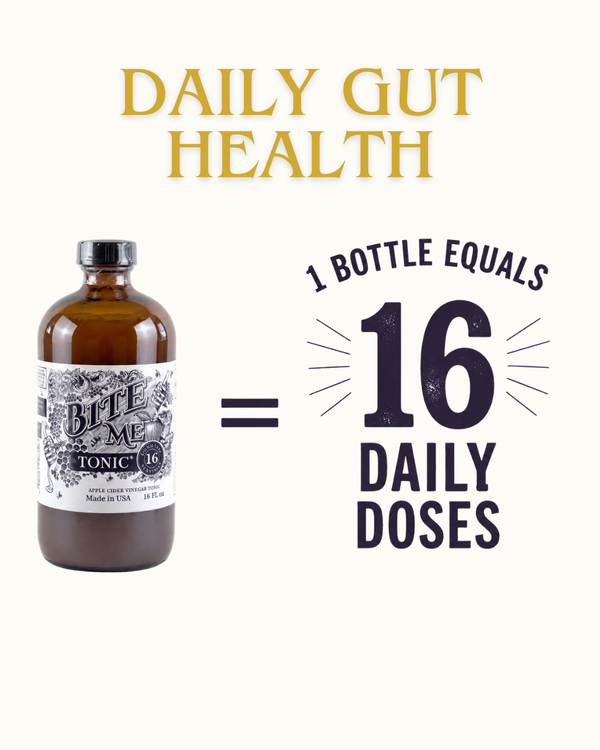 Bottle of tonic with label and text about daily gut health on a white background