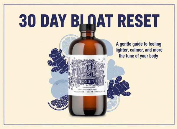 Bottle of tonic with '30 Day Bloat Reset' text and abstract shapes on a beige background