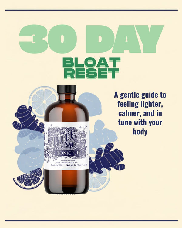 Bottle of tonic with '30 Day Bloat Reset' text and lemon illustrations on a beige background