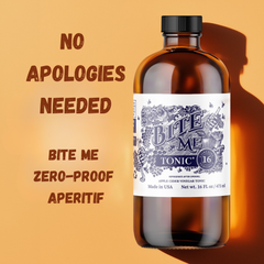 An amber glass bottle of Bite Me Tonic 16 with a black cap and a white label, set against a warm orange background with promotional text on the left.